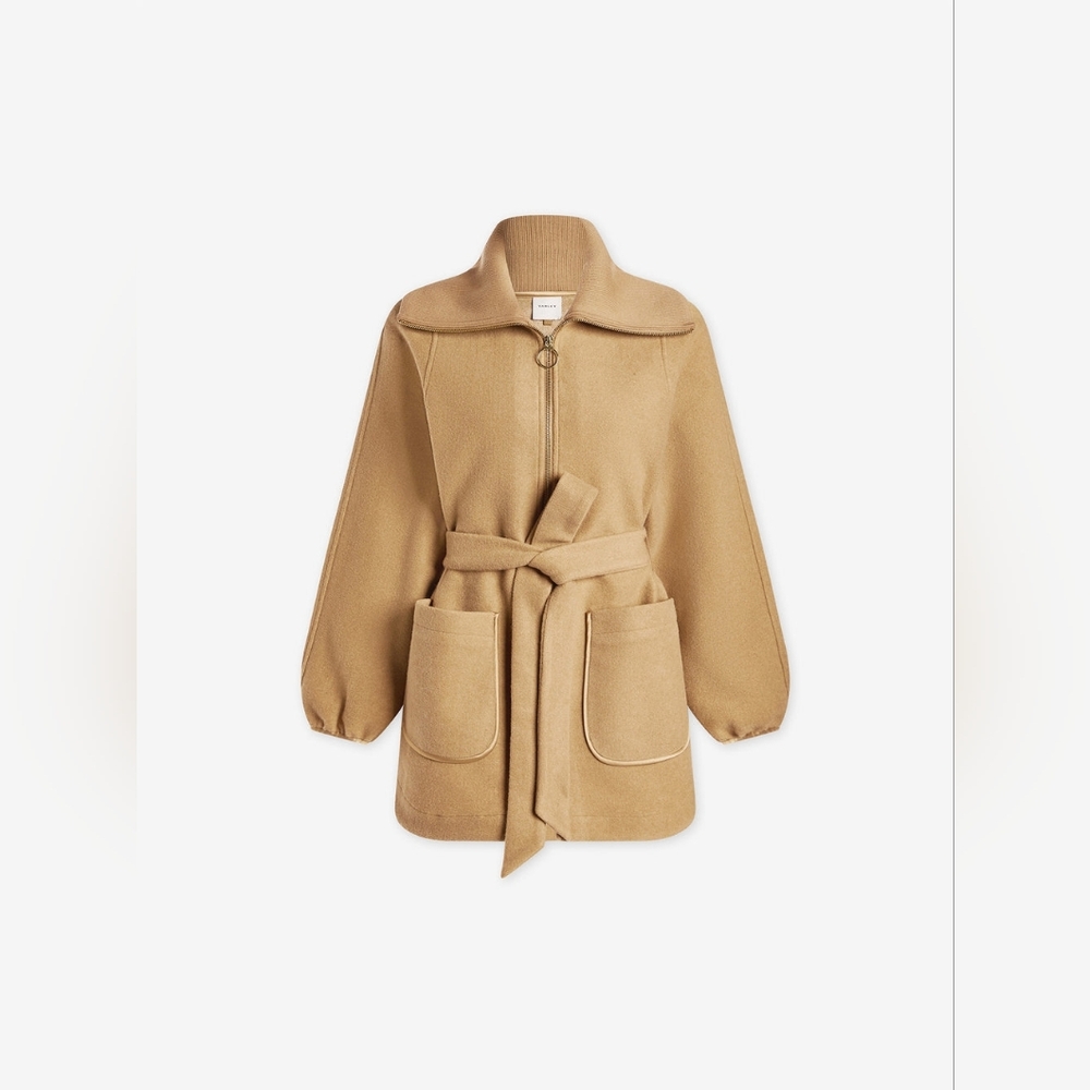 Varley Camel Belted Wool-Blend Coat